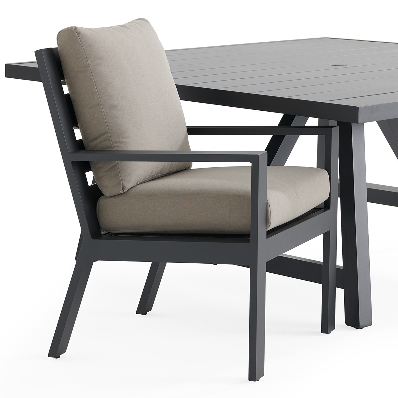 Montecito Charcoal Aluminum with Cushions 9 Piece Dining Set + 66 in. Sq. Table
