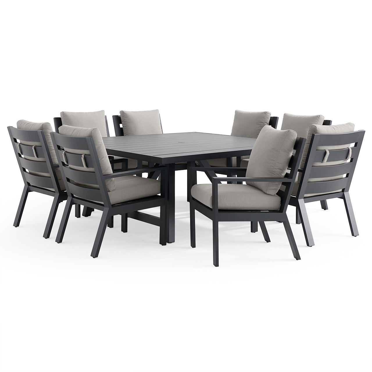 Montecito Charcoal Aluminum with Cushions 9 Piece Dining Set + 66 in. Sq. Table