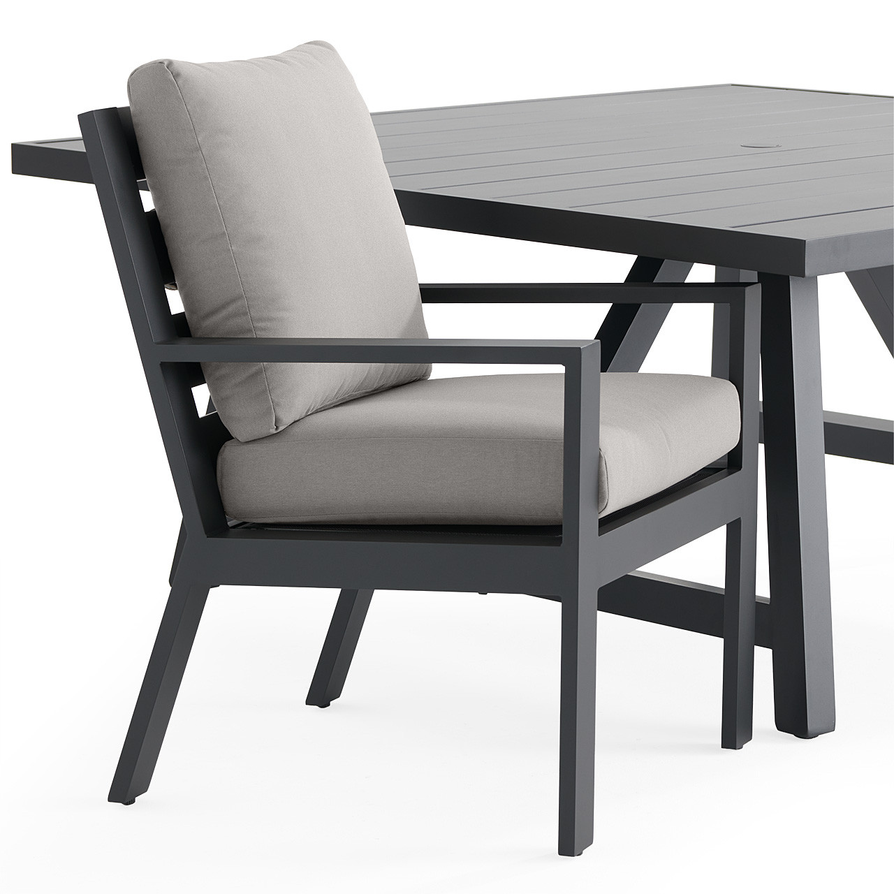 Montecito Charcoal Aluminum with Cushions 9 Piece Dining Set + 66 in. Sq. Table