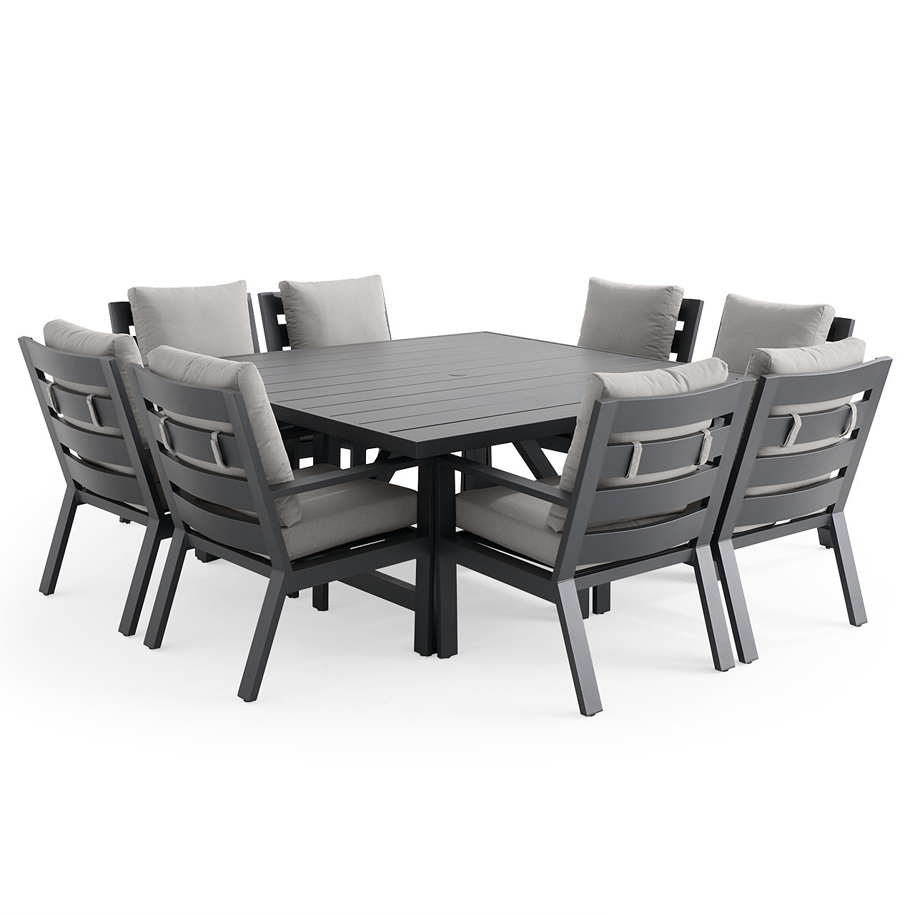 Montecito Charcoal Aluminum with Cushions 9 Piece Dining Set + 66 in. Sq. Table