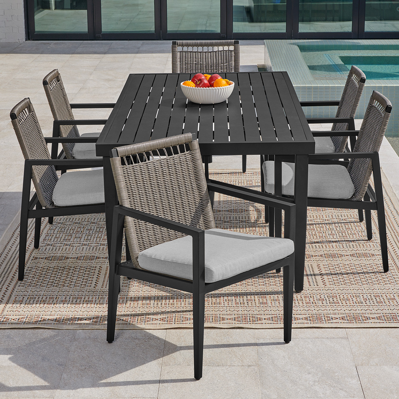 Portofino Husk Midnight Aluminum with Cushions 7 Piece Arm Dining