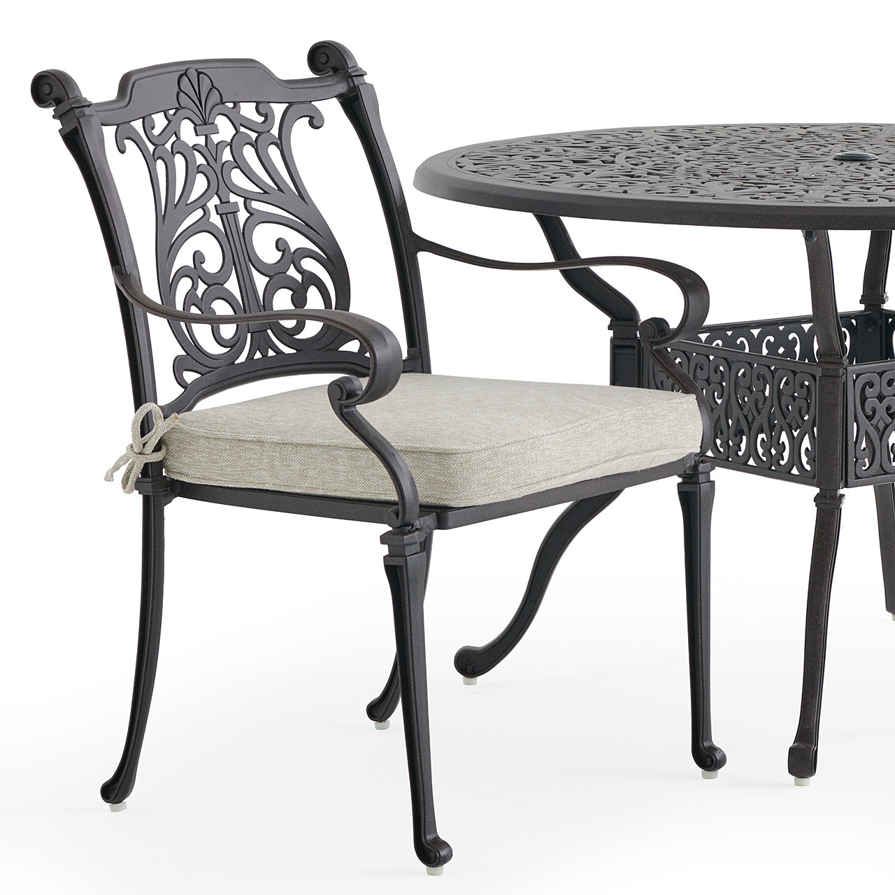 Naples Aged Bronze Cast Aluminum with Cushions 5 Piece Dining Set + 48 in. D Table
