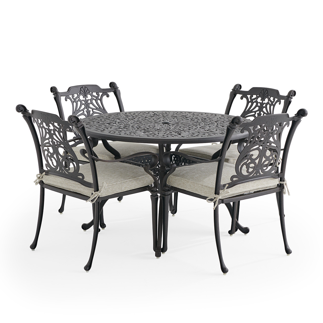 Naples Aged Bronze Cast Aluminum with Cushions 5 Piece Dining Set + 48 in. D Table