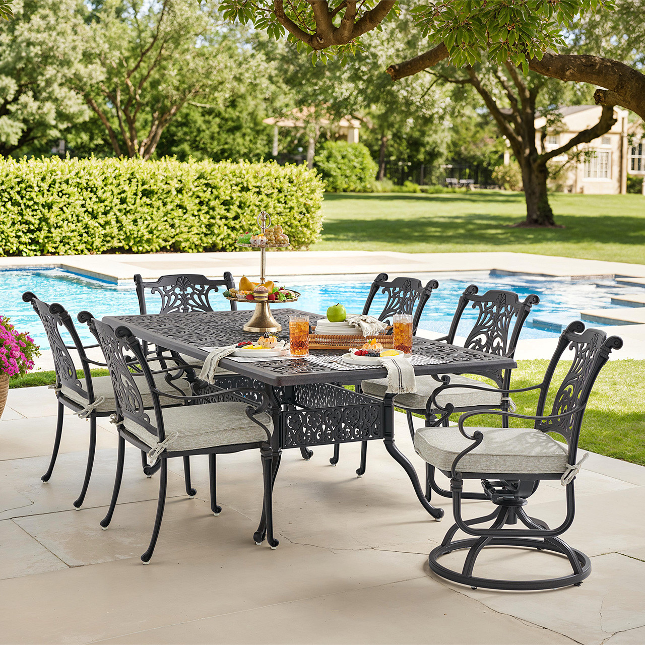 Naples Aged Bronze Cast Aluminum with Cushions 7 Piece Combo Dining Set + 84 x 42 in. Table