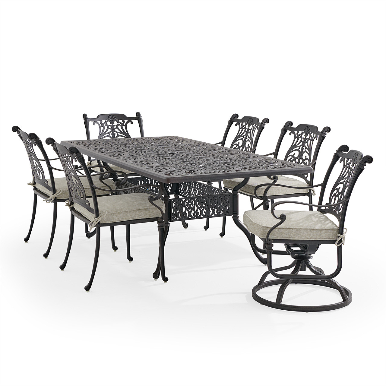 Naples Aged Bronze Cast Aluminum with Cushions 7 Piece Combo Dining Set + 84 x 42 in. Table