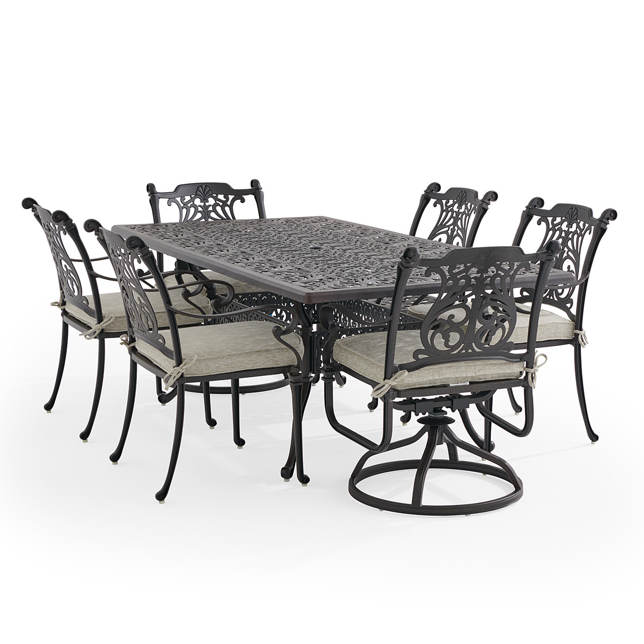 Naples Aged Bronze Cast Aluminum with Cushions 7 Piece Combo Dining Set + 84 x 42 in. Table
