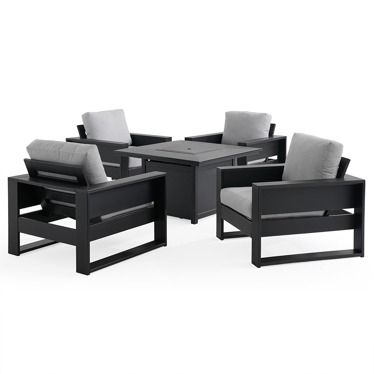 Montauk Polymer with Cushions 5 Piece Chat Set + 42 in. Sq. LP Gas Fire Pit