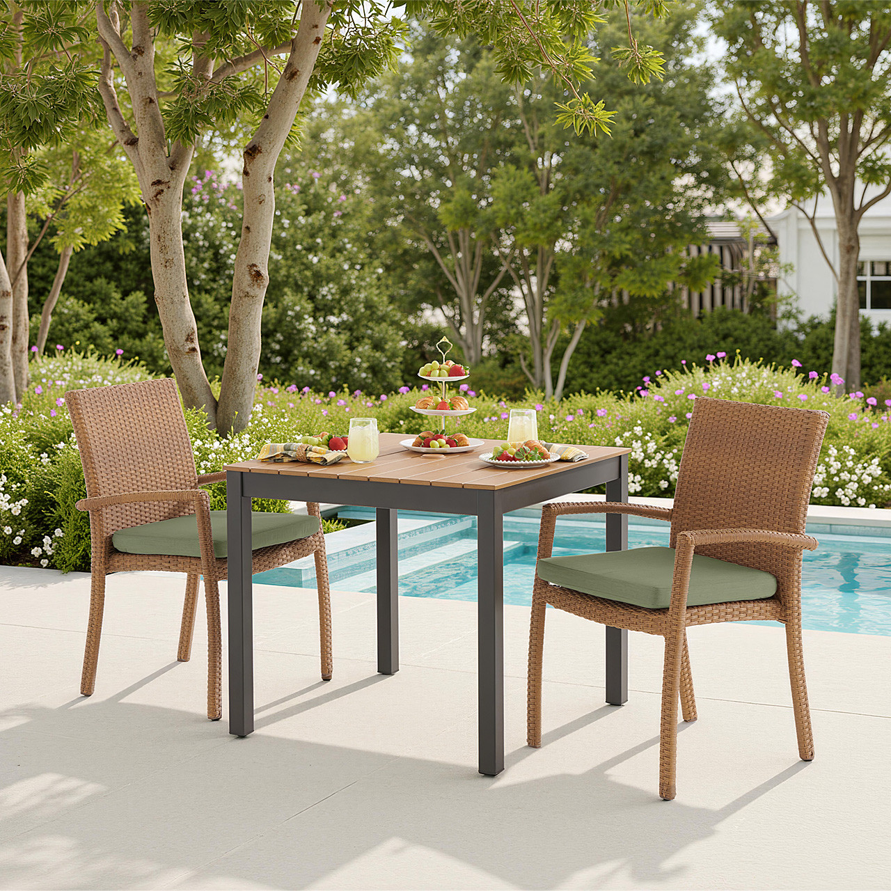 Sonoma Outdoor Wicker with Cushions 3 Piece Bistro Set + 33 in. Sq. Table