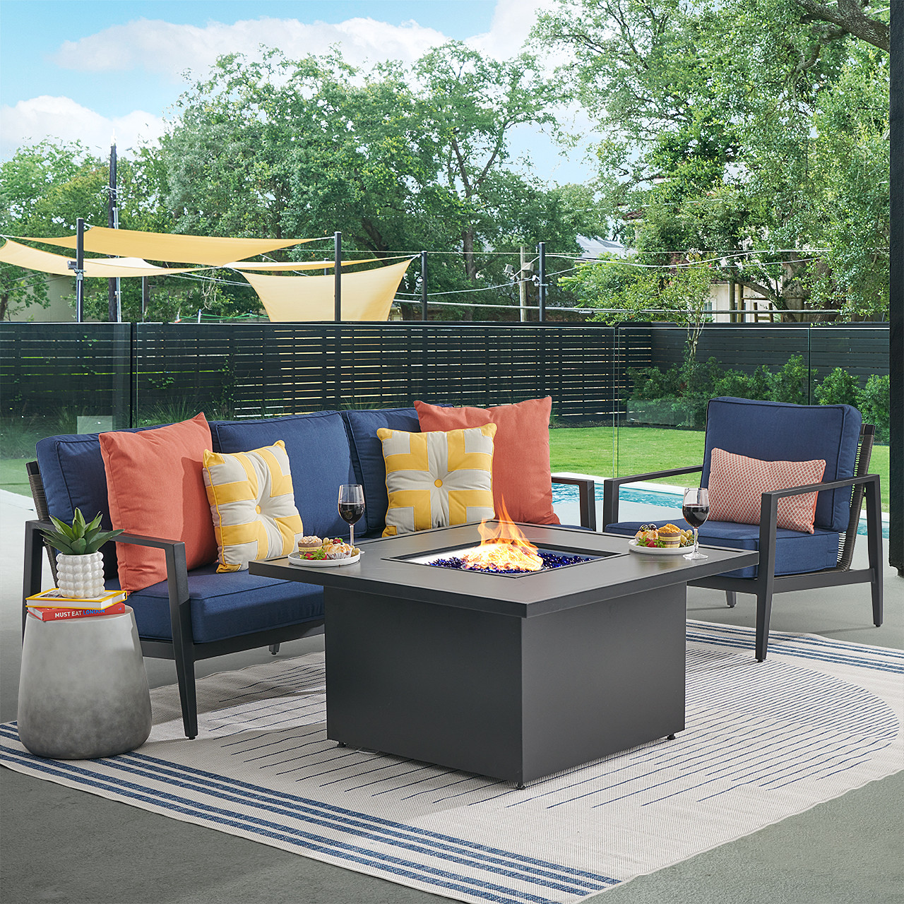 Portofino Husk Midnight Aluminum with Cushions 3 Piece Sofa Group + 42 in. Sq. Fire Pit Table