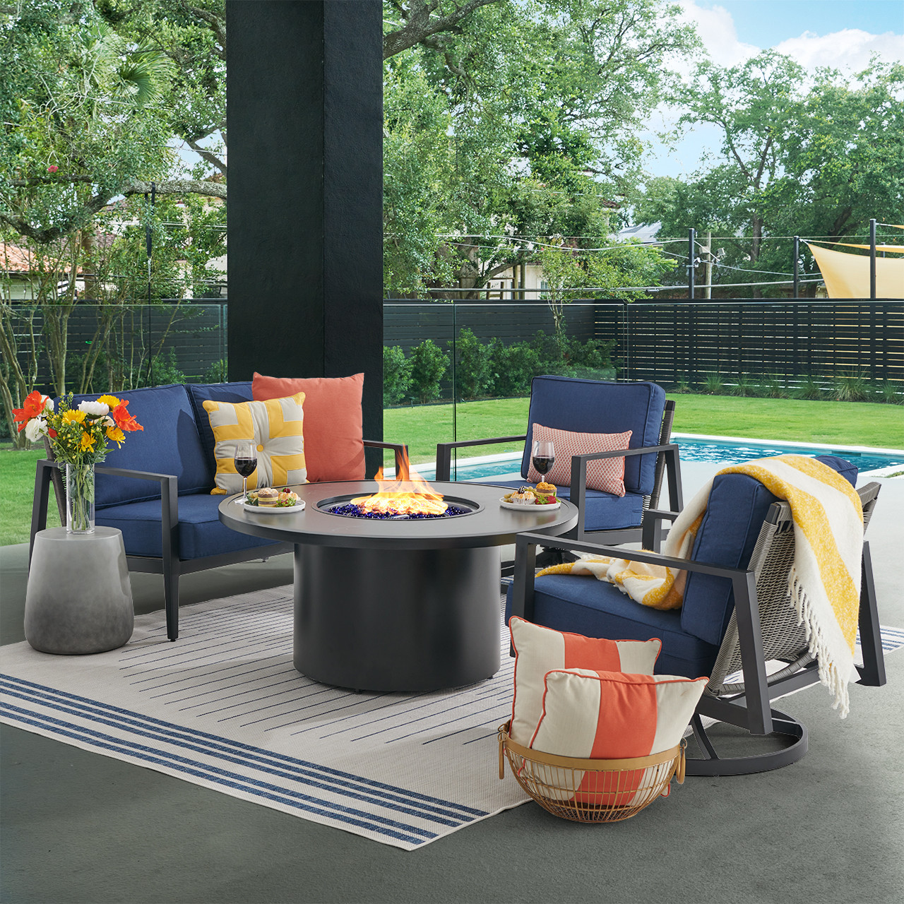 Portofino Husk Midnight Aluminum with Cushions 4 Piece Swivel Loveseat Group + 48 in. D Fire Pit Table
