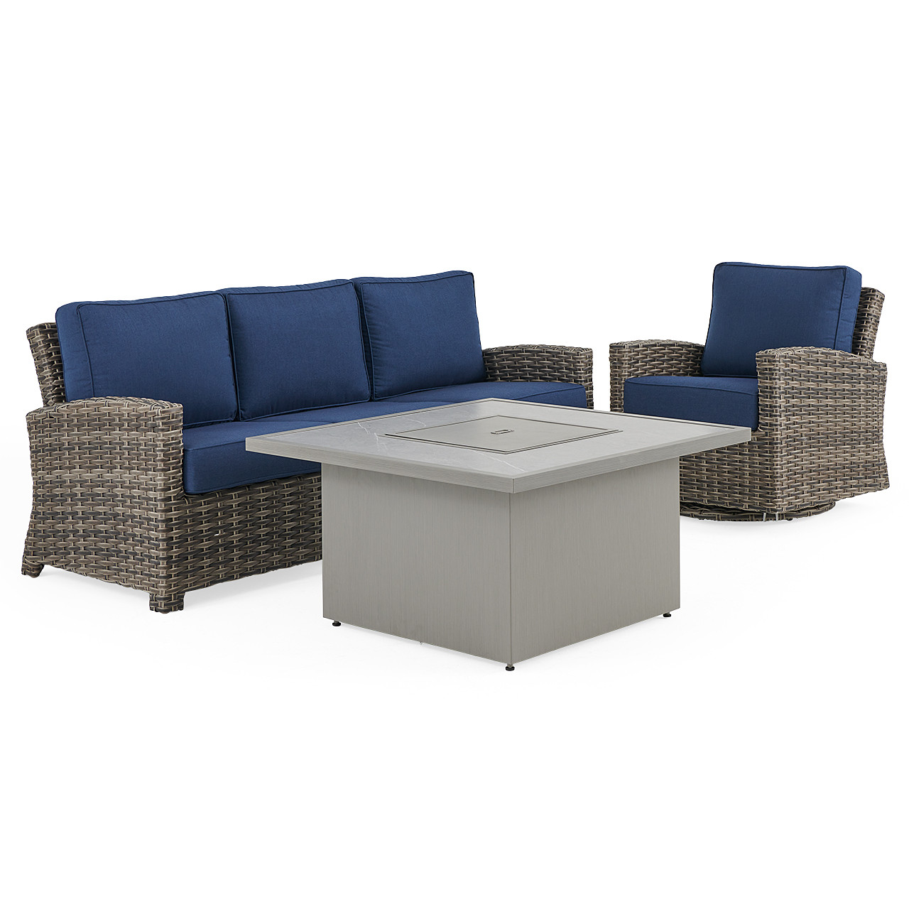 Sonoma Husk Outdoor Wicker with Cushions 3 Piece Swivel Sofa Group + 42 in. Sq. Sintered Fire Pit Table