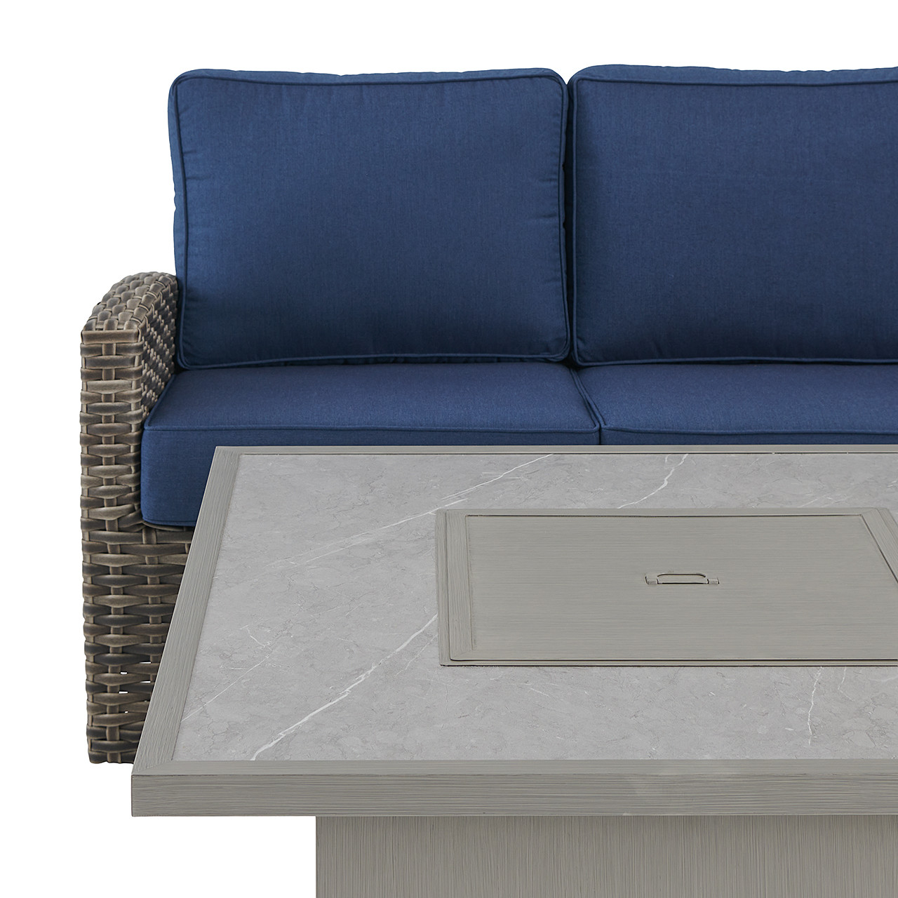 Sonoma Husk Outdoor Wicker with Cushions 3 Piece Swivel Sofa Group + 42 in. Sq. Sintered Fire Pit Table