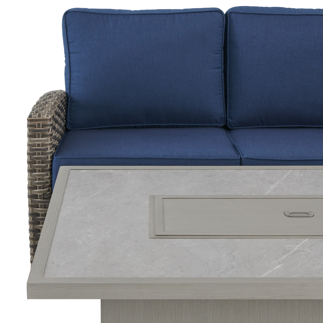 Sonoma Husk Outdoor Wicker with Cushions 4 Piece Swivel Loveseat Group + 52 x 32 in. Sintered Fire Pit Table