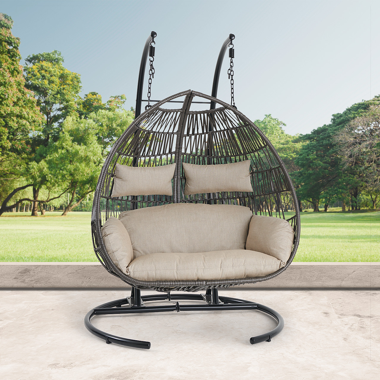 Bali Matte Black Aluminum and Husk Wicker with Cushions Hanging Loveseat