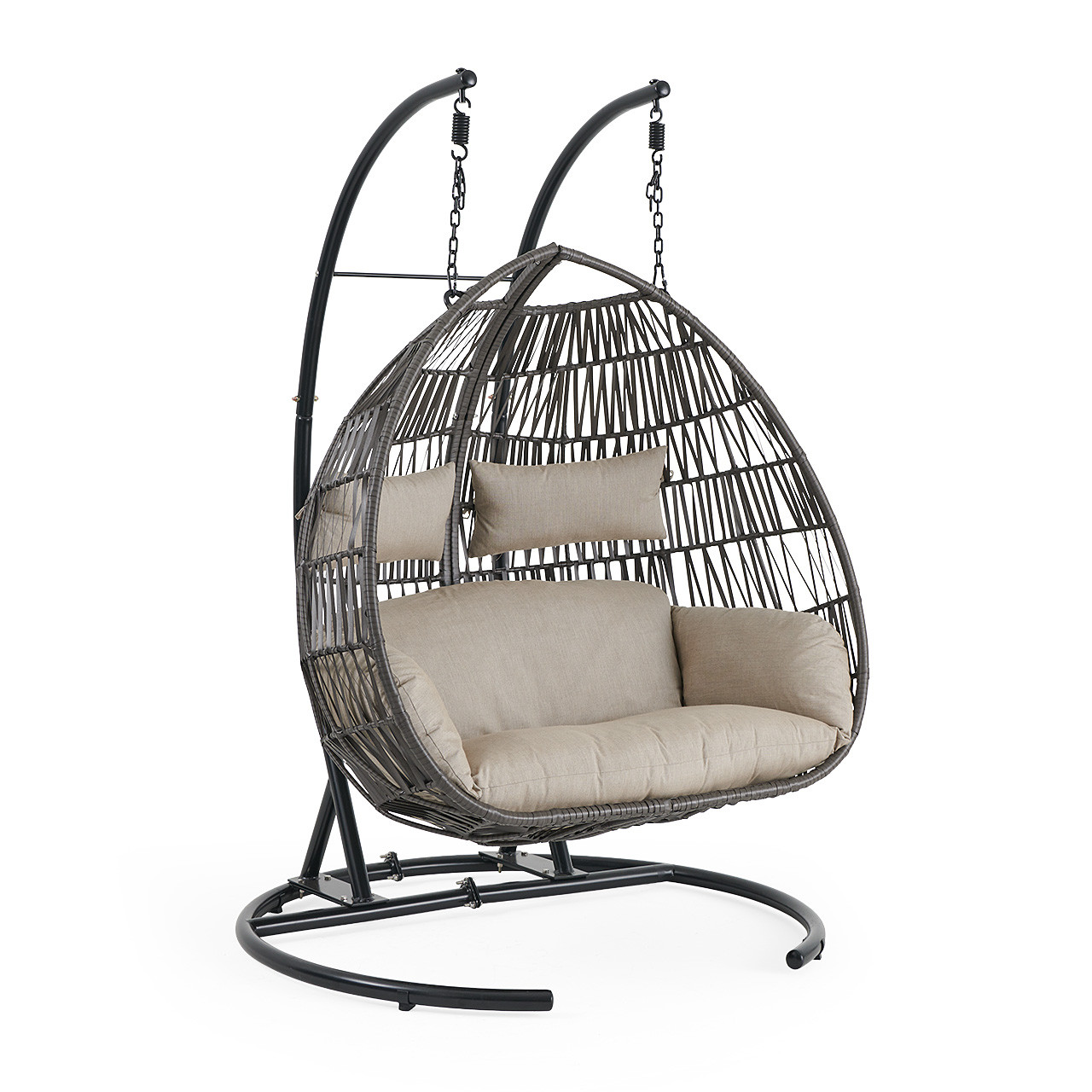 Bali Matte Black Aluminum and Husk Wicker with Cushions Hanging Loveseat
