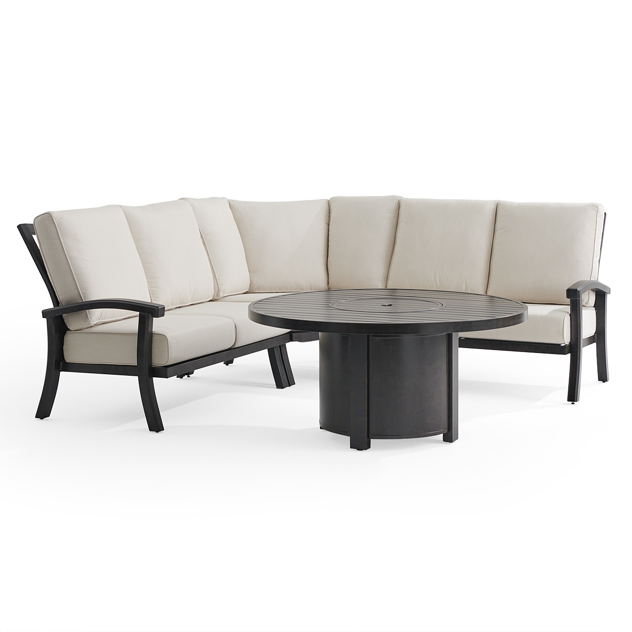Fairmont Rustic Bronze Aluminum 4-Piece Outdoor Sectional with Cushions and Fire Pit, 54 in. Diameter