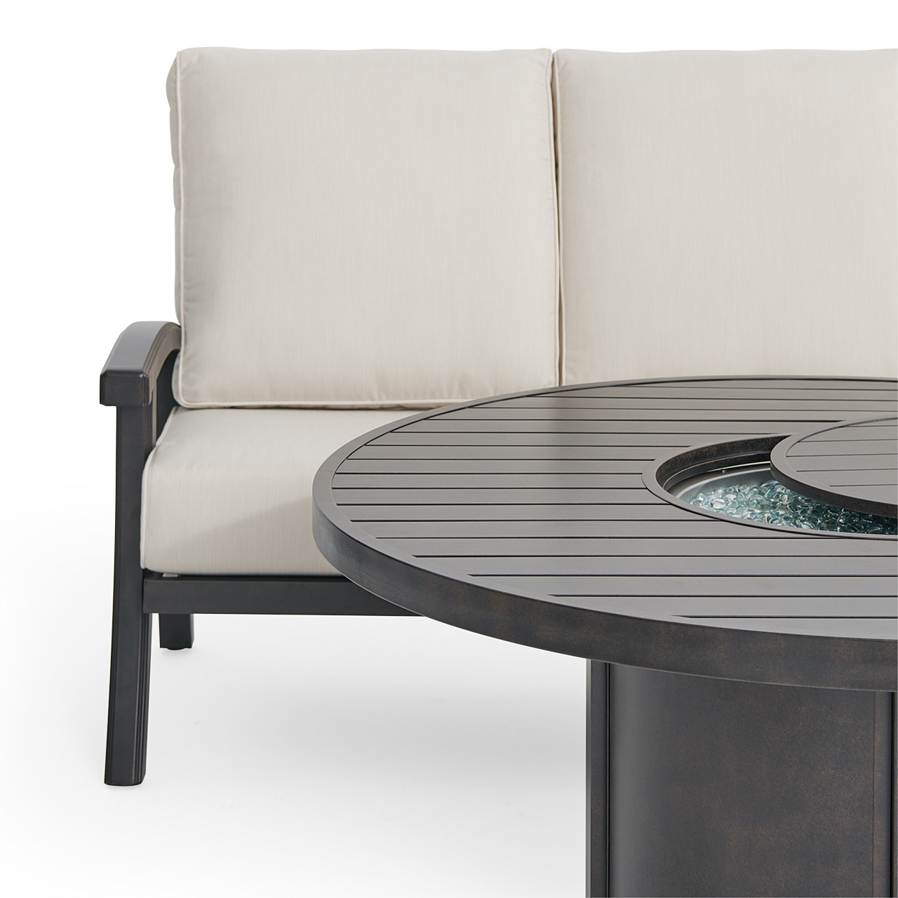 Fairmont Rustic Bronze Aluminum 4-Piece Outdoor Sofa Set with Cushions and Fire Pit Table, 54 in. Diameter