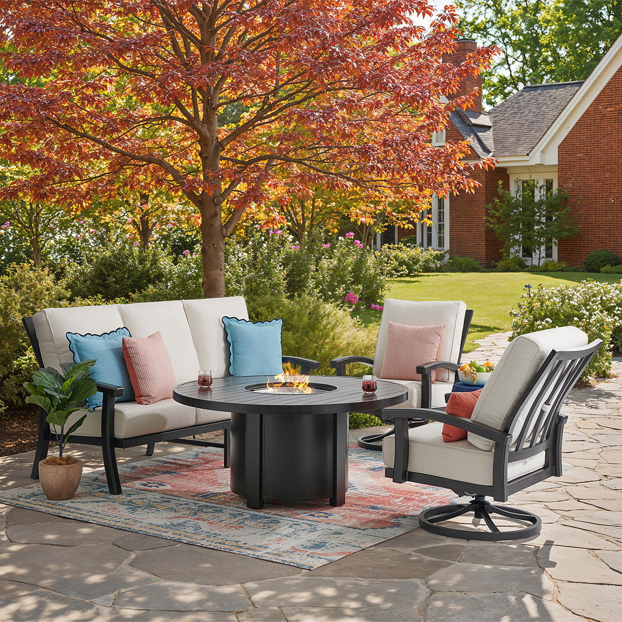 Fairmont Rustic Bronze Aluminum 4-Piece Outdoor Swivel Sofa Set with Cushions and Fire Pit Table, 54 in. Diameter