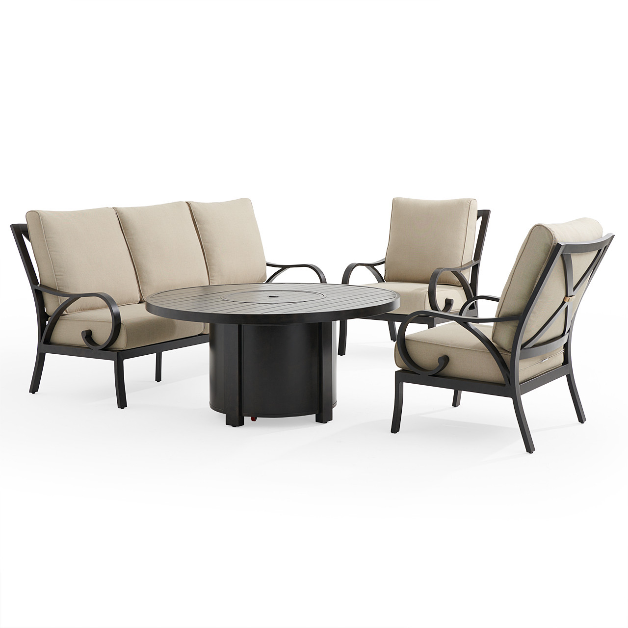 Key West Rustic Bronze Aluminum 4-Piece Outdoor Sofa Set with Cushions and Fire Pit Table, 54 in. Diameter