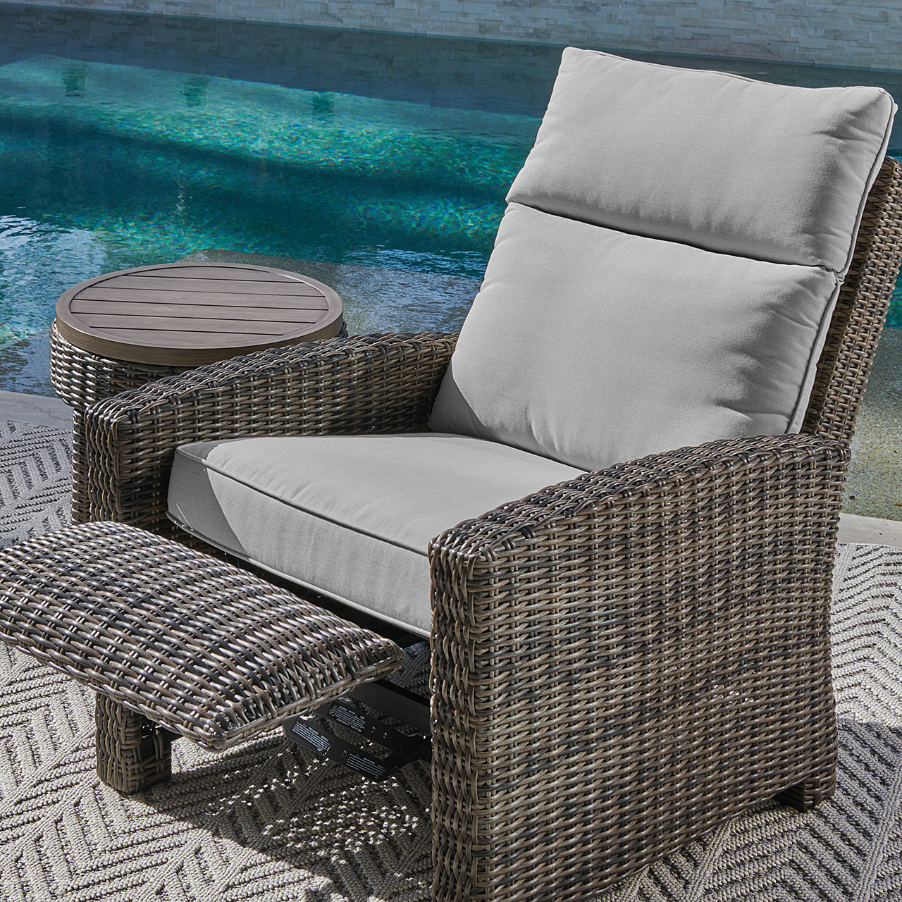 Rio Silver Oak Outdoor Wicker with Cushions 3 Piece Recliner Set + 20 in. D End Table