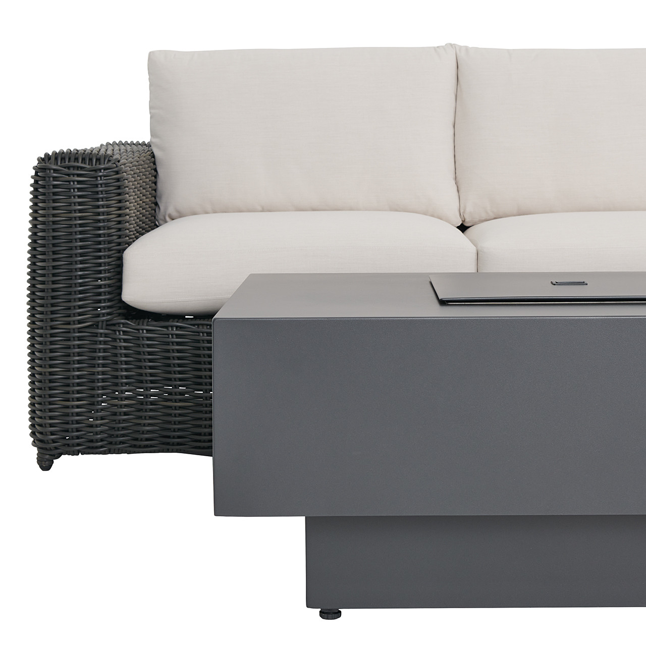 Laguna 4-Piece Outdoor Wicker Swivel Sofa Set with Cushions and Rectangular Aluminum Fire Pit Table, 63 in. x 31 in.