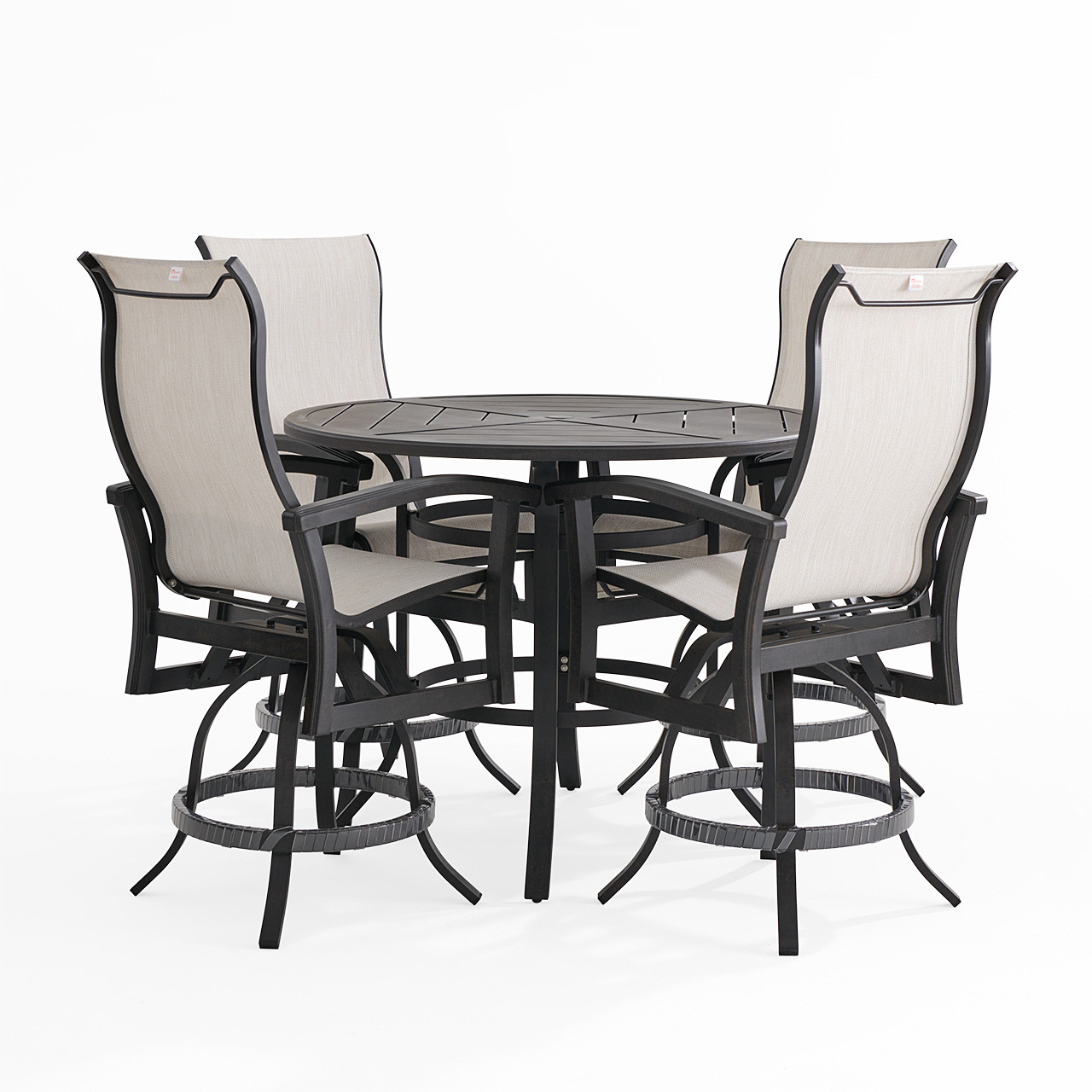 Fairmont Rustic Bronze Aluminum with Site Linen Sling 5 Piece Gathering Height Set + 48 in. D Table