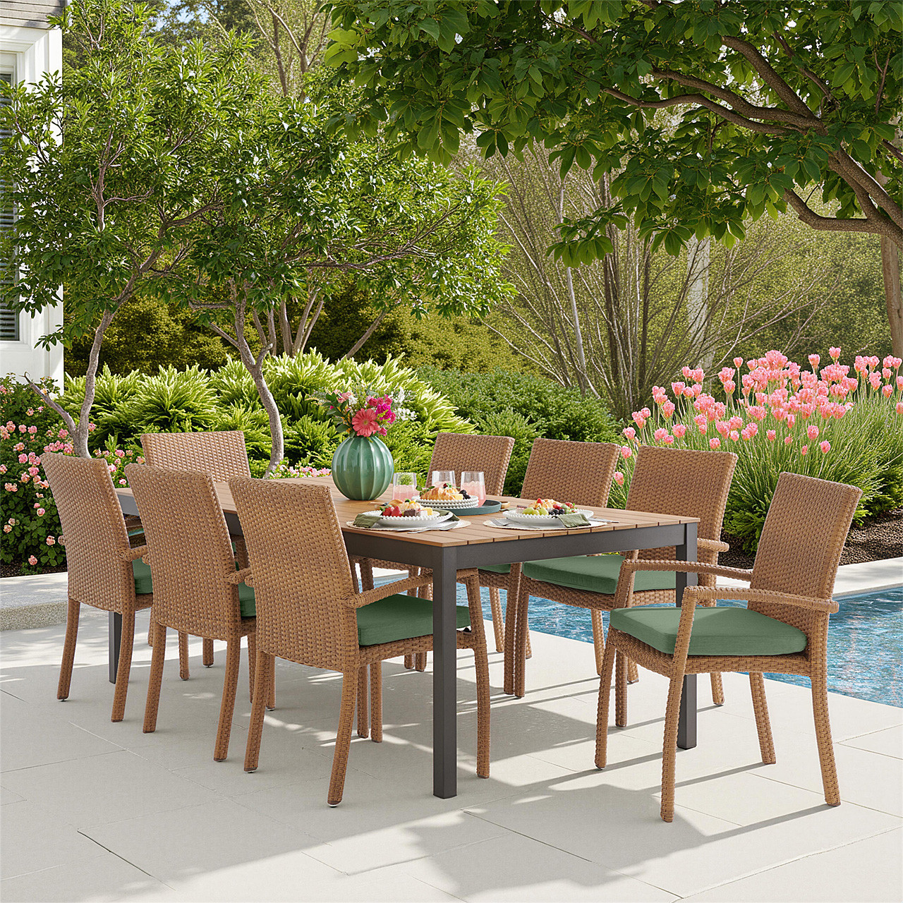 Sonoma Natural Outdoor Wicker 9-Piece Dining Set with Cushions and 84 x 40 in. Table
