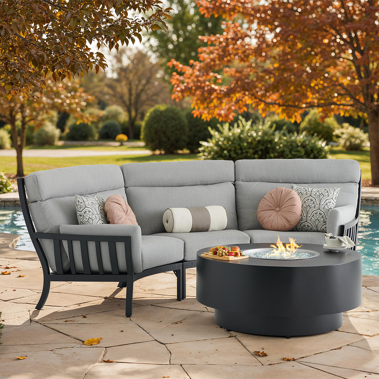 Siena Coal Aluminum 4-Piece Sectional Set with Stone Grey Cushions and Round Gas Fire Pit Table, 44 in. Diameter