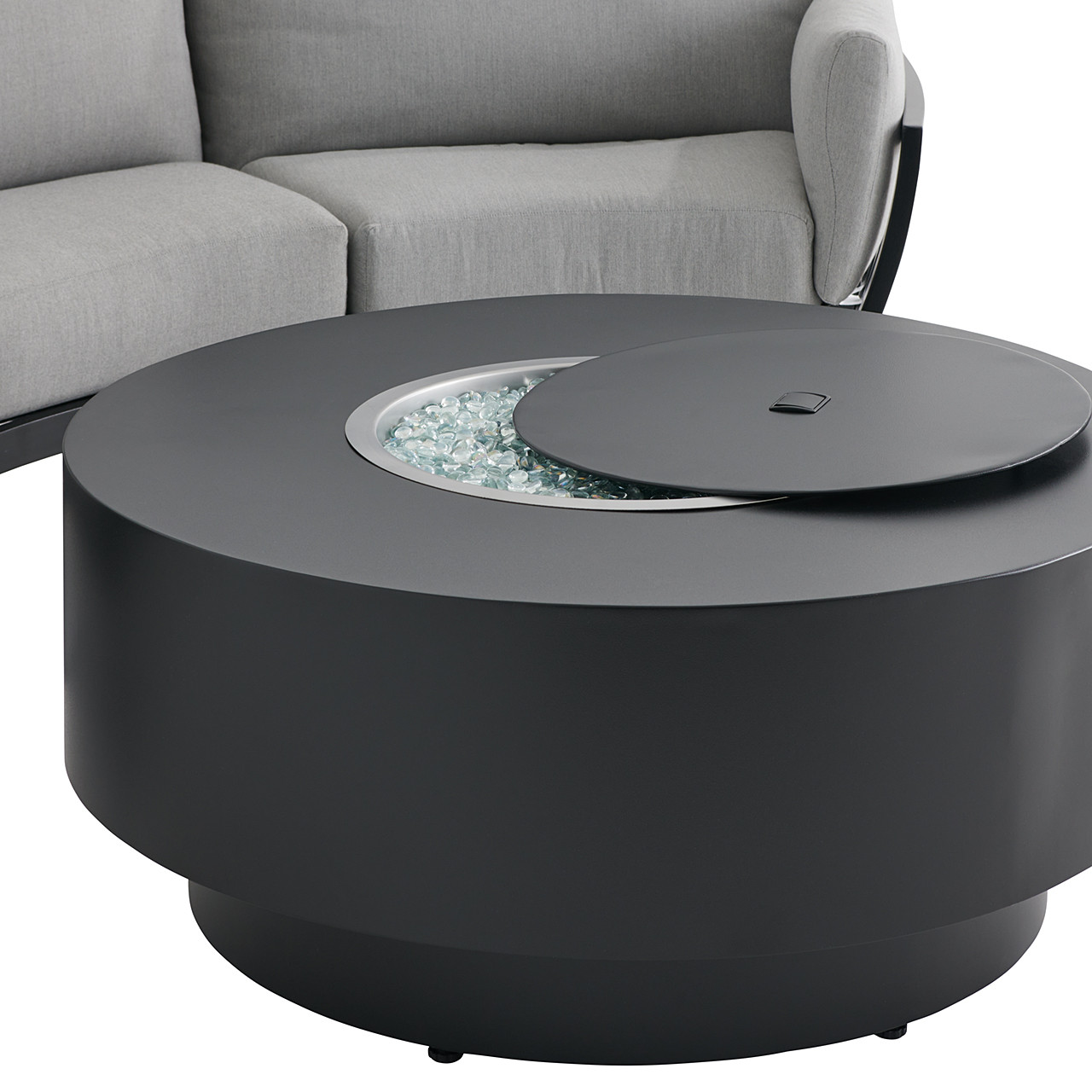Siena Coal Aluminum 4-Piece Sectional Set with Stone Grey Cushions and Round Gas Fire Pit Table, 44 in. Diameter