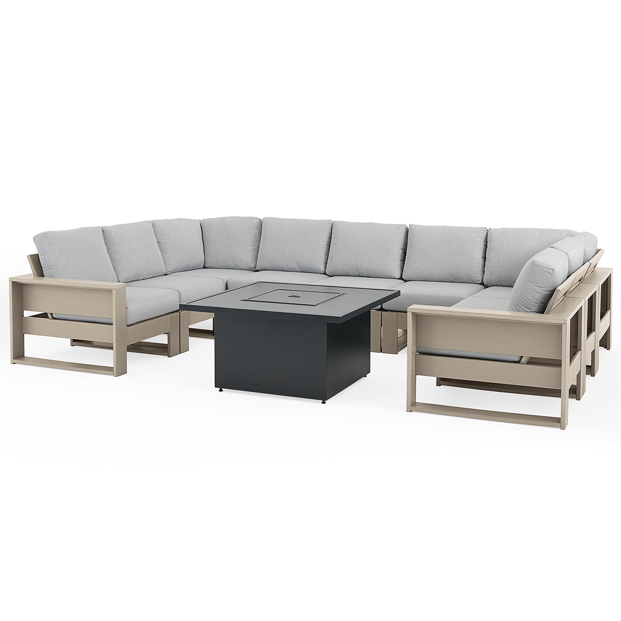 Montauk Weatherd Wood Polymer with Cushions 10 Piece Modular Sectional + 42 in. Sq. Black Sintered Fire Pit Table