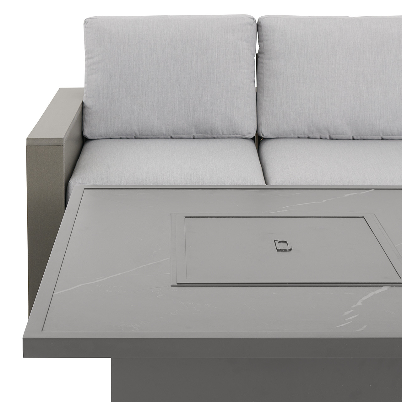 Montauk Slate Grey Polymer with Cushions 6 Piece Modular Sofa Group + 42 in. Sq. Fire Pit Table