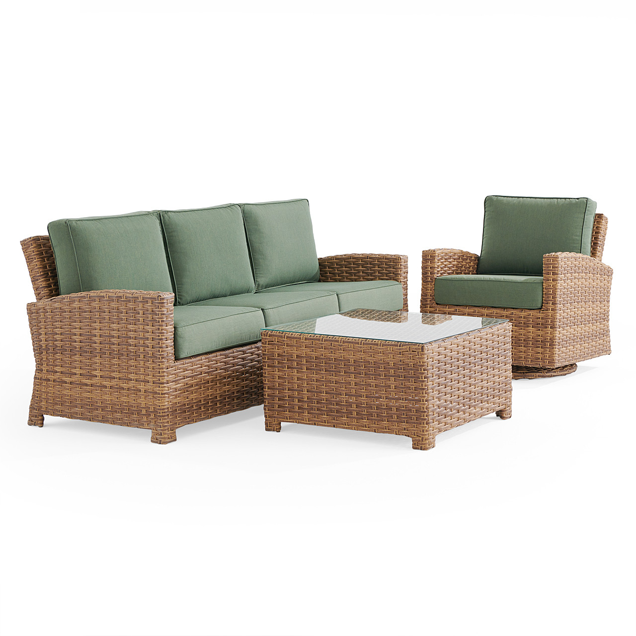 Sonoma Natural Outdoor Wicker 3-Piece Swivel Sofa Set with Cushions and 32 in. Square Glass Top Coffee Table