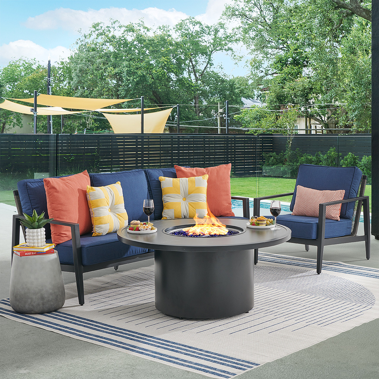 Portofino Husk Midnight Aluminum with Cushions 3 Piece Sofa Group + 48 in. D Fire Pit Table