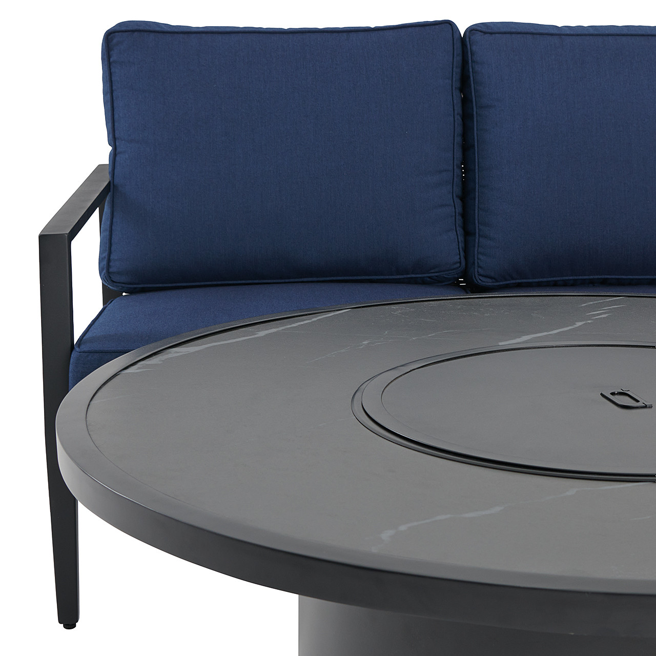 Portofino Husk Midnight Aluminum with Cushions 3 Piece Sofa Group + 48 in. D Fire Pit Table