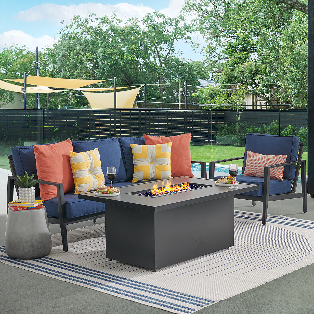 Portofino Husk Midnight with Cushions 3 Piece Sofa Group + 52 x 32 in. Fire Pit Table