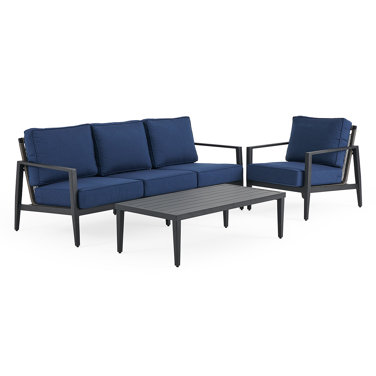 Portofino Husk Midnight Aluminum with Cushions 3 Piece Sofa Group + 48 x 26 in. Coffee Table