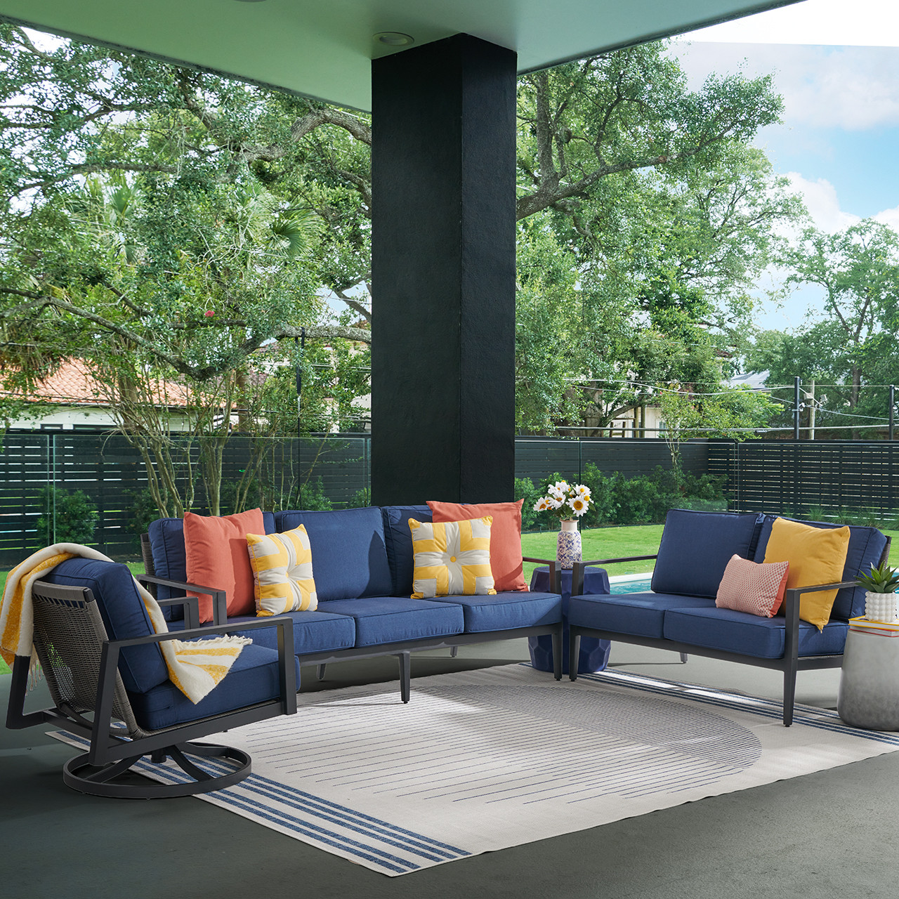Portofino Husk Midnight Aluminum with Cushions 3 Piece Swivel Sofa Group + Loveseat and Club Chair