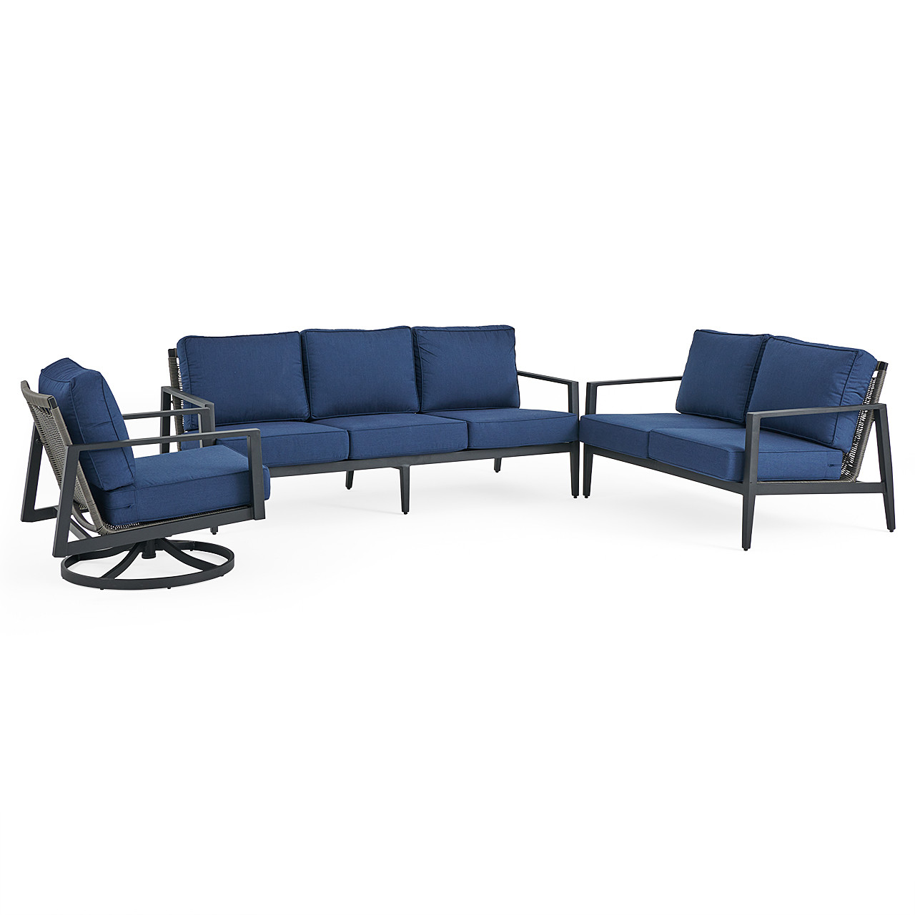 Portofino Husk Midnight Aluminum with Cushions 3 Piece Swivel Sofa Group + Loveseat and Club Chair