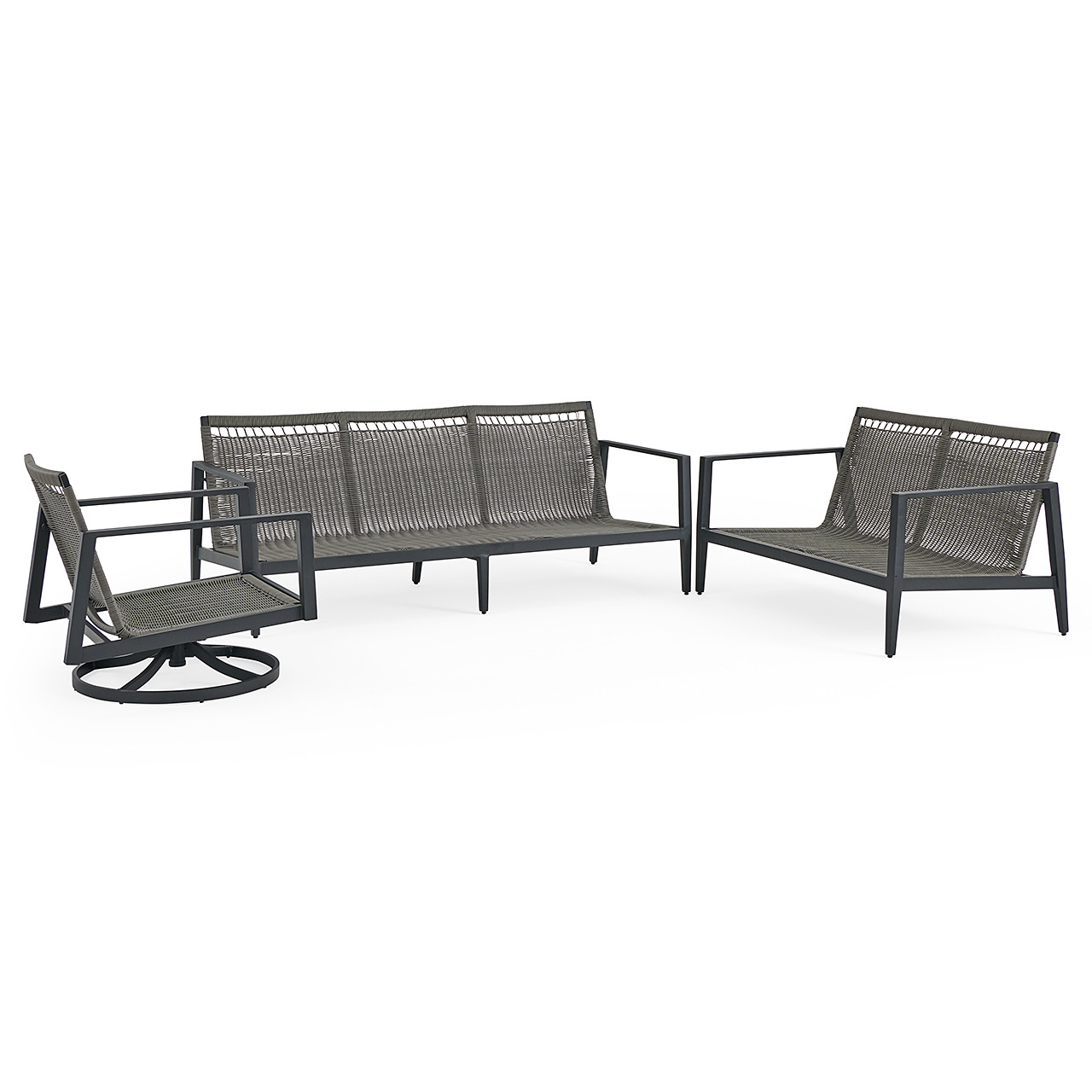 Portofino Husk Midnight Aluminum with Cushions 3 Piece Swivel Sofa Group + Loveseat and Club Chair