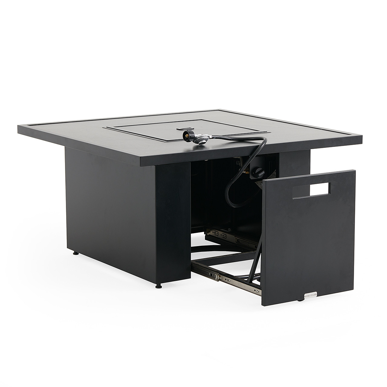 Portofino Husk Midnight Aluminum with Cushions 3 Piece Swivel Sofa Group + 42 in. Sq. Fire Pit Table