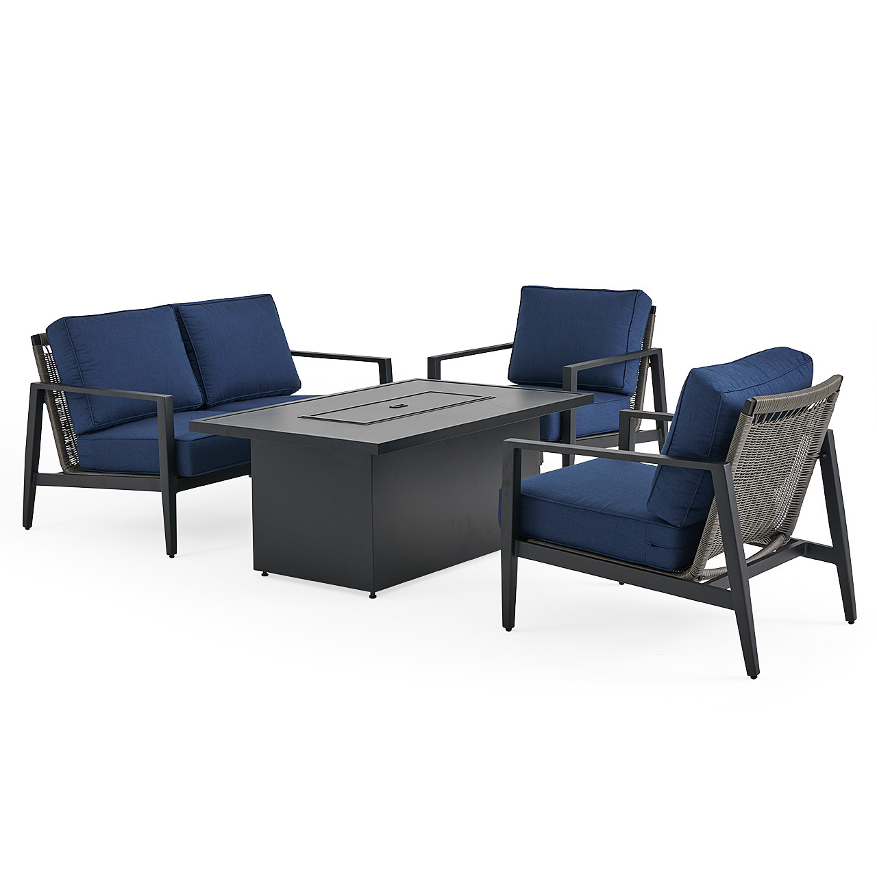 Portofino Husk Midnight with Cushions 4 Piece Loveseat Group + 52 x 32 in. Fire Pit Table