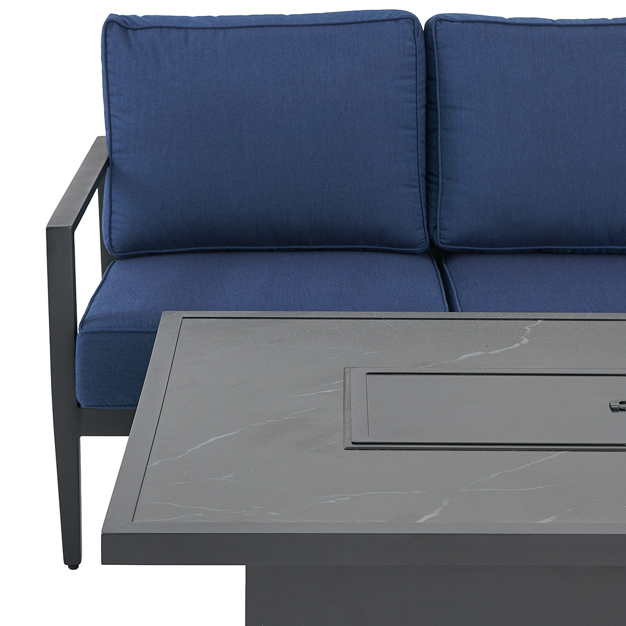 Portofino Husk Midnight with Cushions 4 Piece Loveseat Group + 52 x 32 in. Fire Pit Table