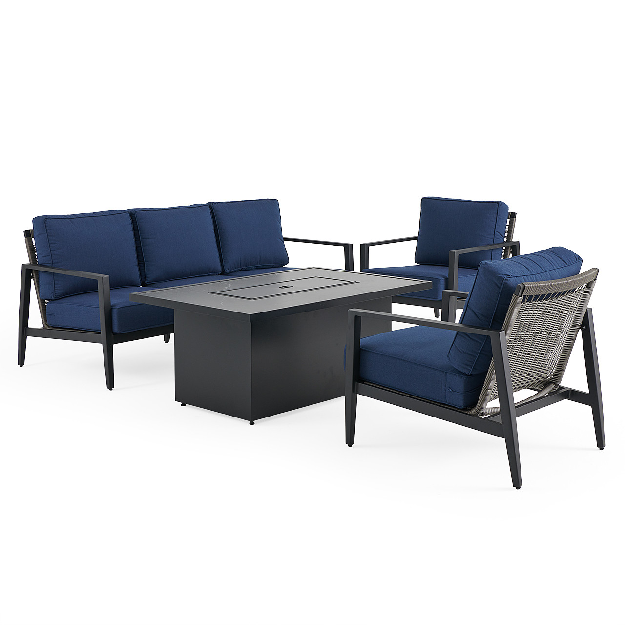 Portofino Husk Midnight with Cushions 4 Piece Sofa Group + 52 x 32 in. Fire Pit Table