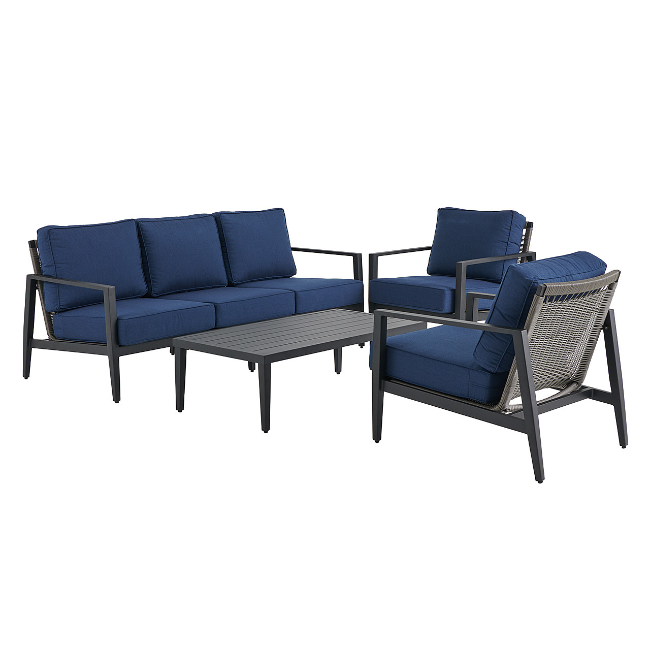 Portofino Husk Midnight Aluminum with Cushions 4 Piece Sofa Group + 48 x 26 in. Coffee Table