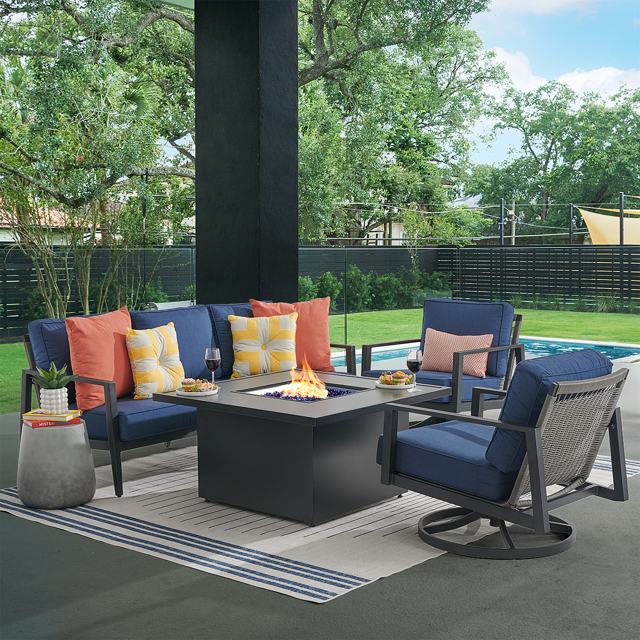 Portofino Husk Midnight Aluminum with Cushions 4 Piece Swivel Sofa Group + 42 in. Sq. Fire Pit Table