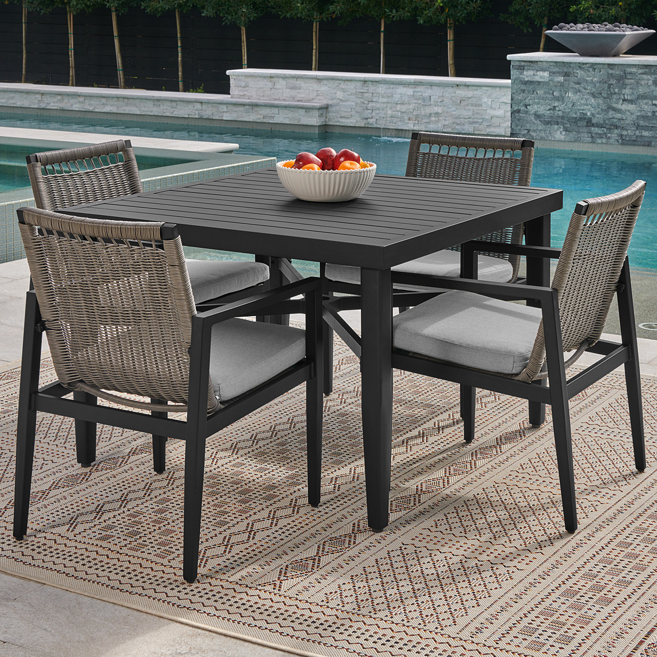 Portofino Husk Midnight Aluminum with Cushions 5 Piece Dining Set + 43 in. Sq. Table