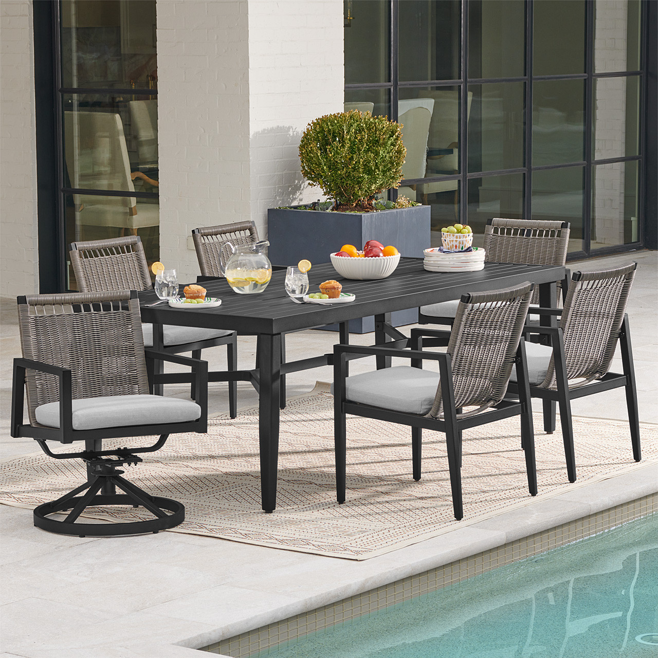 Portofino Husk Midnight Aluminum with Cushions 7 Piece Combo Arm Dining Set + 84 X 40 in. Rect. Dining Table