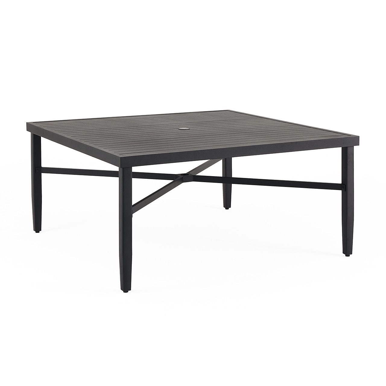 Portofino Husk Midnight Aluminum with Cushions 9 Piece Arm Dining Set + 64 in. Sq. Dining Table