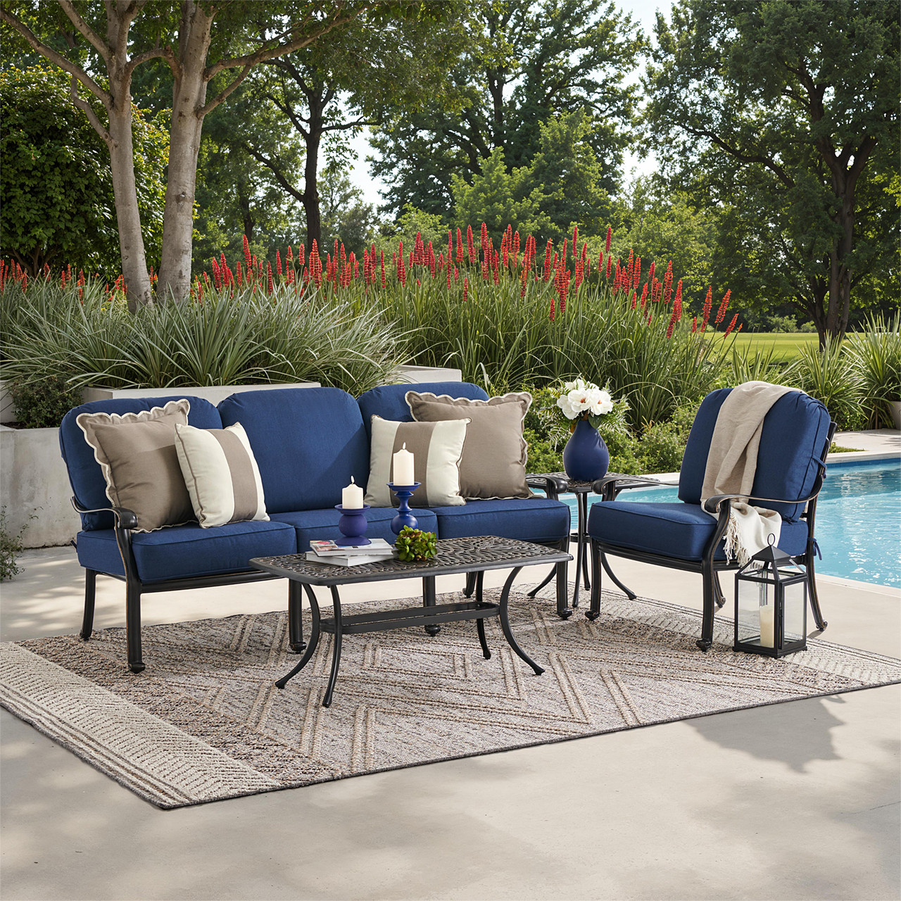 Roma Black Gold Cast Aluminum with Cushions 3 Piece Sofa Group + 42 x 21 in. Coffee Table