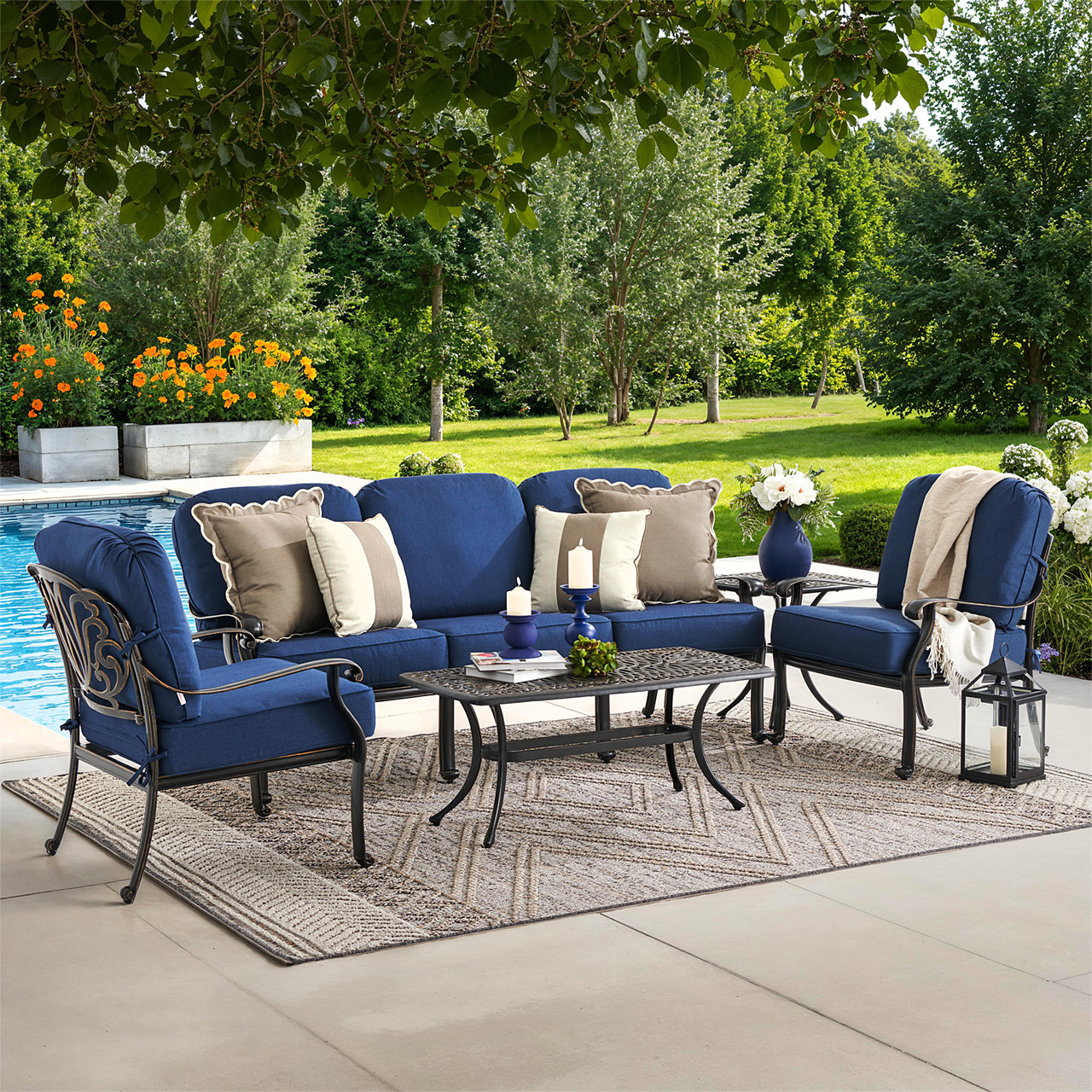 Roma Black Gold Cast Aluminum with Cushions 4 Piece Sofa Group + 42 x 21 in. Coffee Table